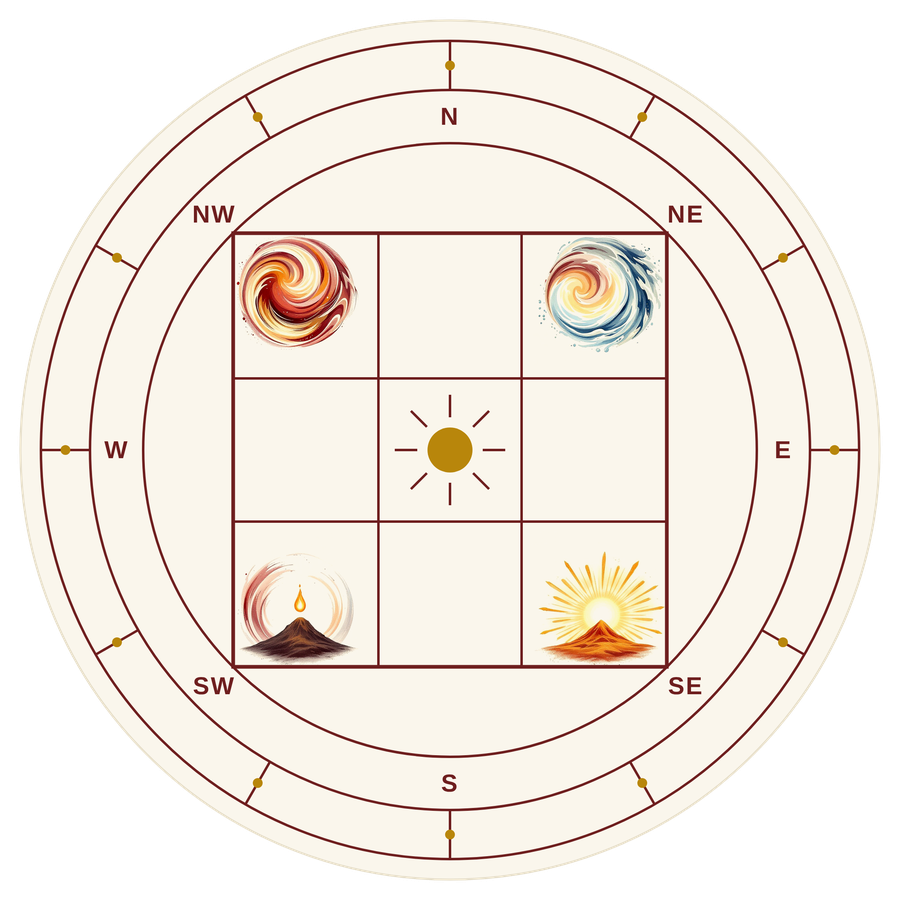 Vastu energy diagram — the five elements, sunlight and air within the directional mandala